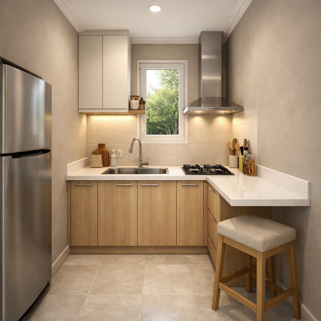 Dapur sempit terasa elegan dan hangat dengan warna taupe lembut