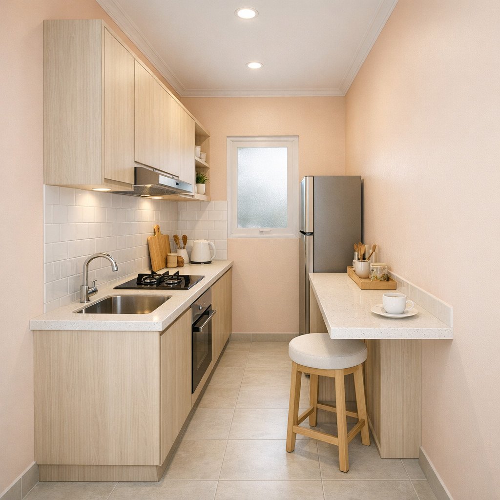 Dapur sempit terasa hangat dan cerah dengan sentuhan peach lembut