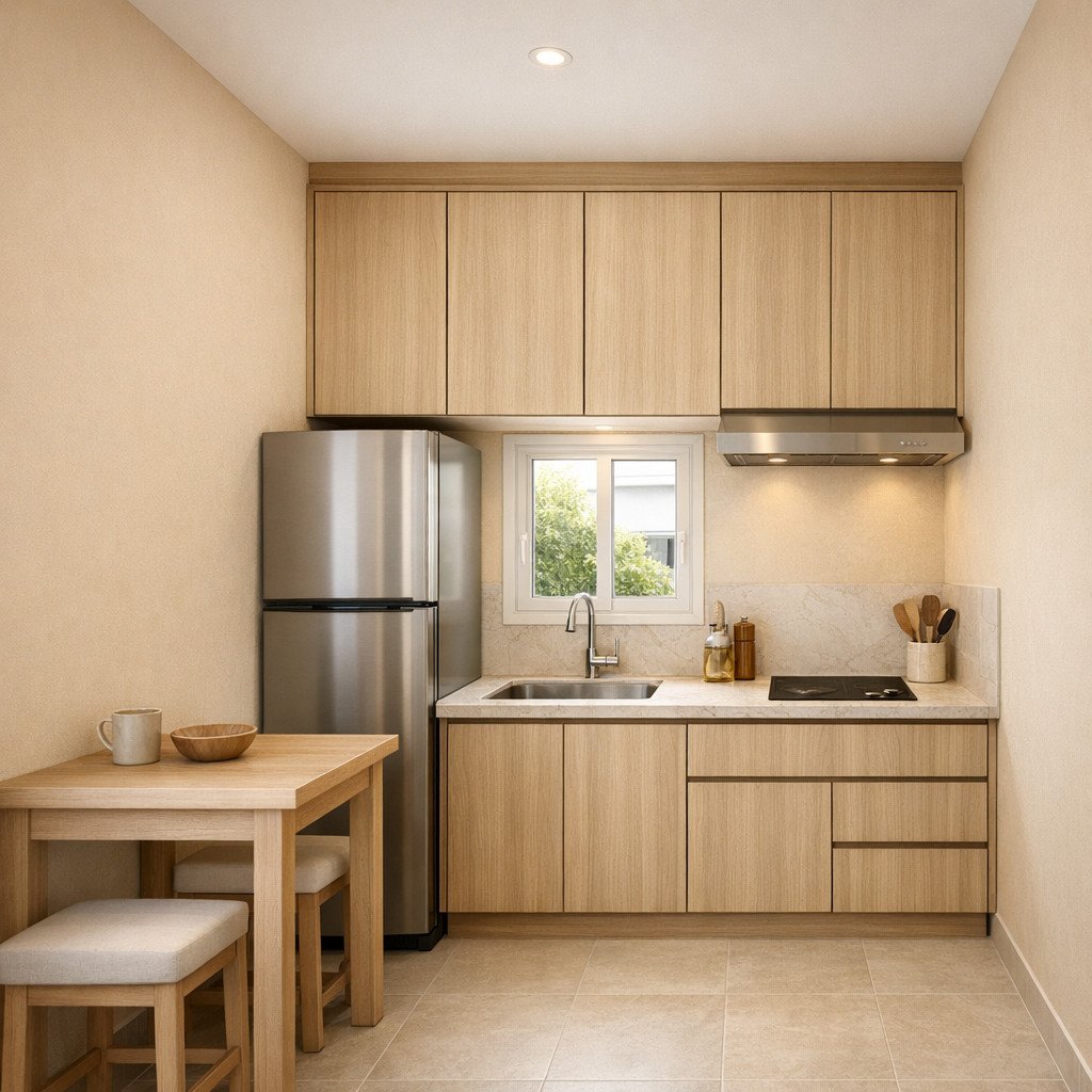 Dapur sempit terasa hangat dan luas dengan sentuhan beige lembut