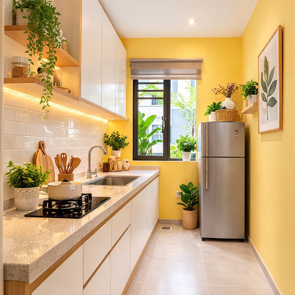 Dapur sempit terasa lebih cerah dengan warna kuning lemon lembut