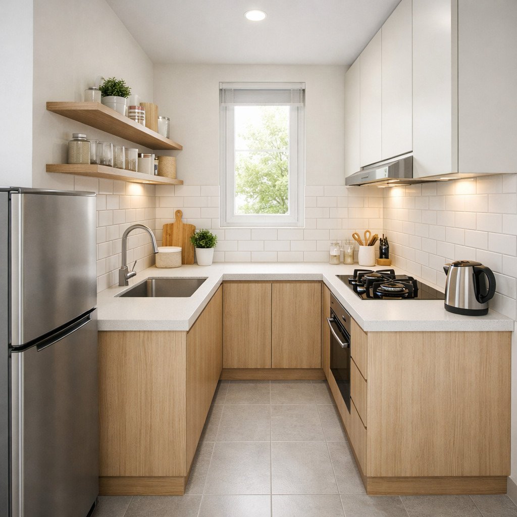 Dapur sempit terasa lebih luas dengan dominasi warna terang