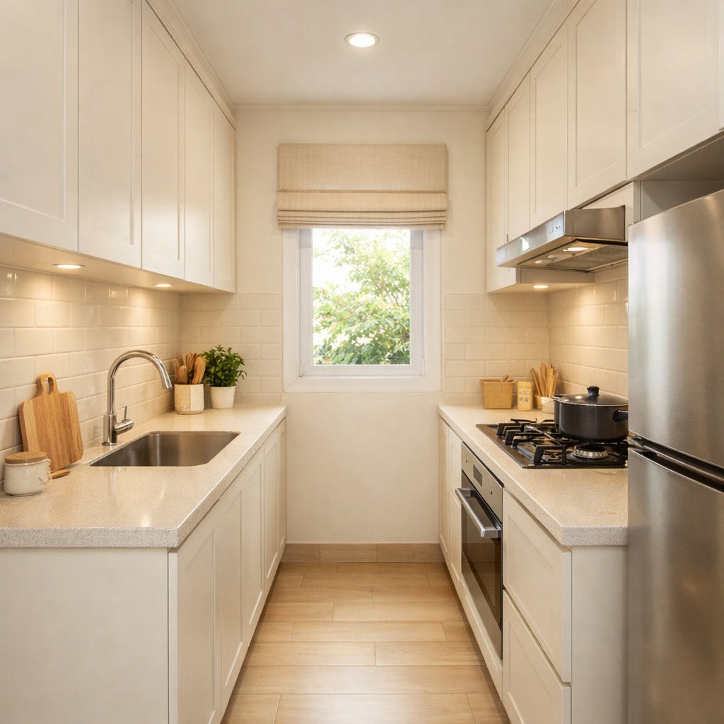 Dapur sempit terasa lebih luas dengan warna putih hangat yang lembut