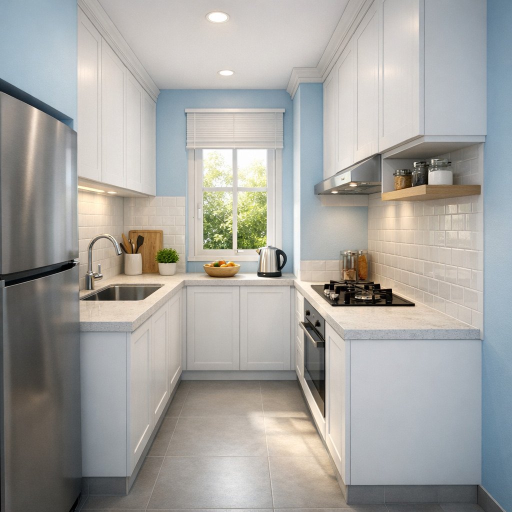 Dapur sempit terasa lebih segar dan lapang dengan biru pastel