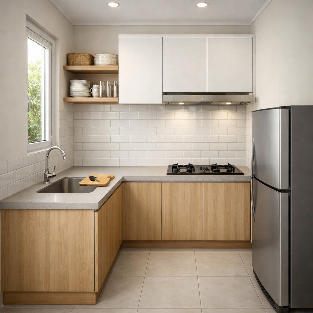 Dapur sempit terasa lega karena countertop tetap bersih dan rapi