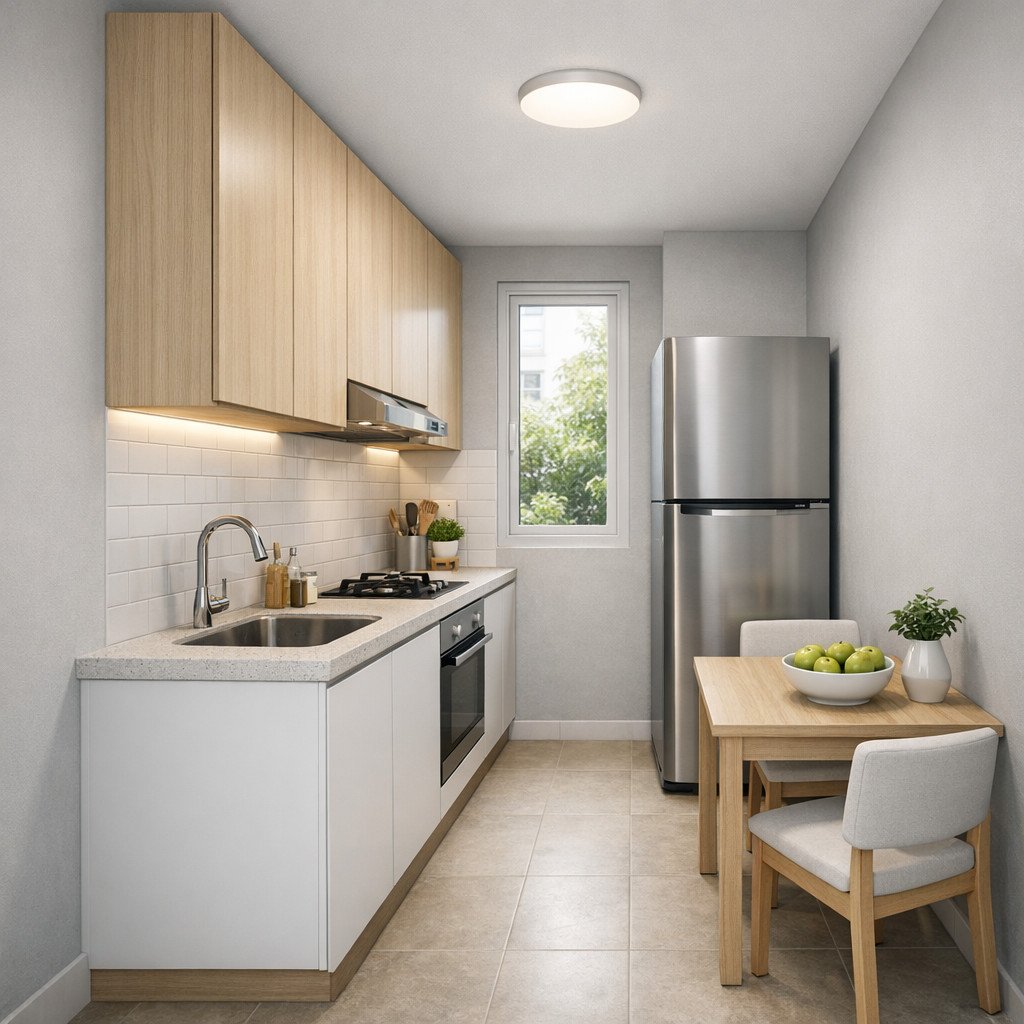 Dapur sempit terasa modern dan rapi dengan warna abu-abu terang