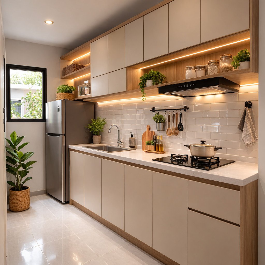 Dapur sempit terasa rapi dengan kitchen set linear satu sisi