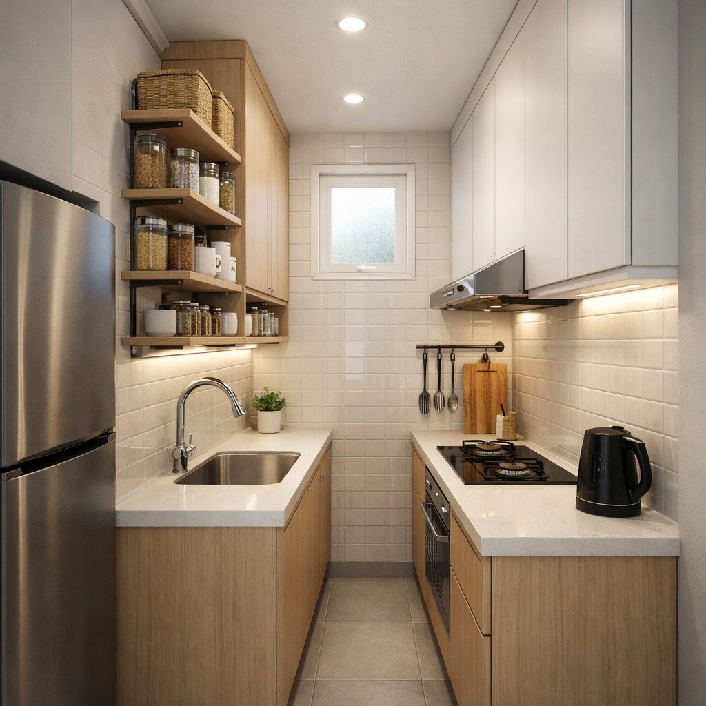 Dapur sempit tetap rapi dengan penyimpanan vertikal maksimal