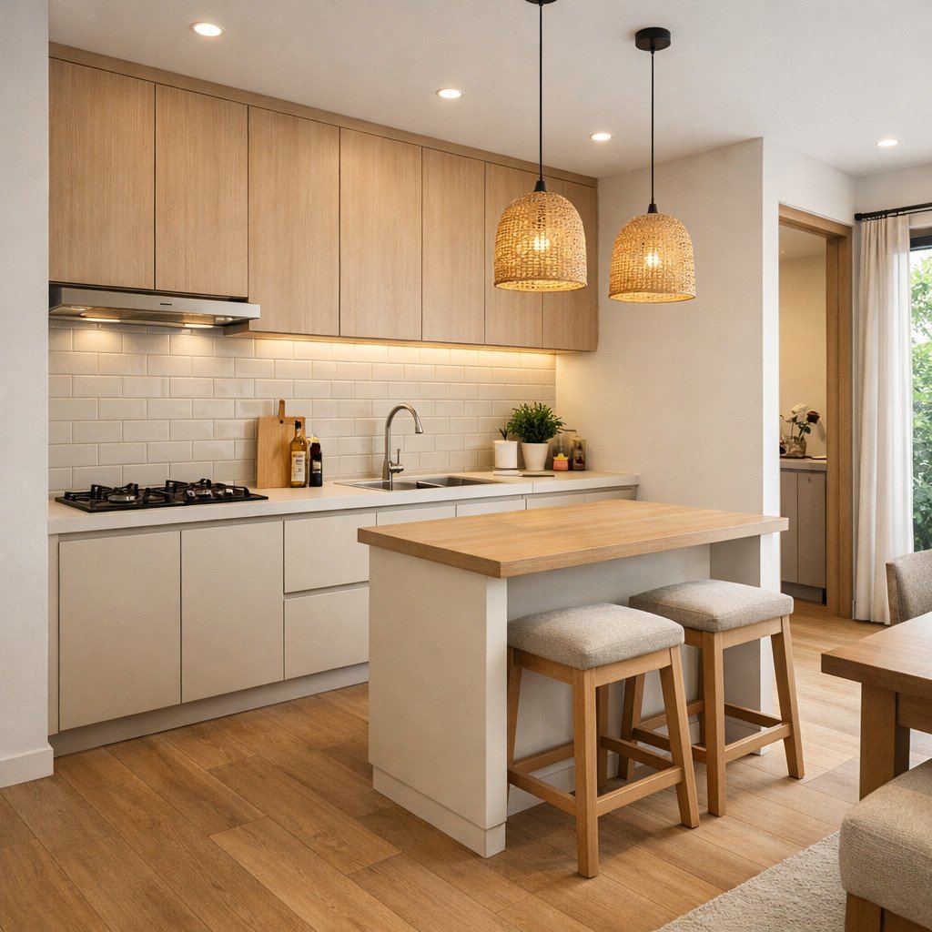 Dapur sempit vertikal yang rapi dengan kabinet hingga plafon