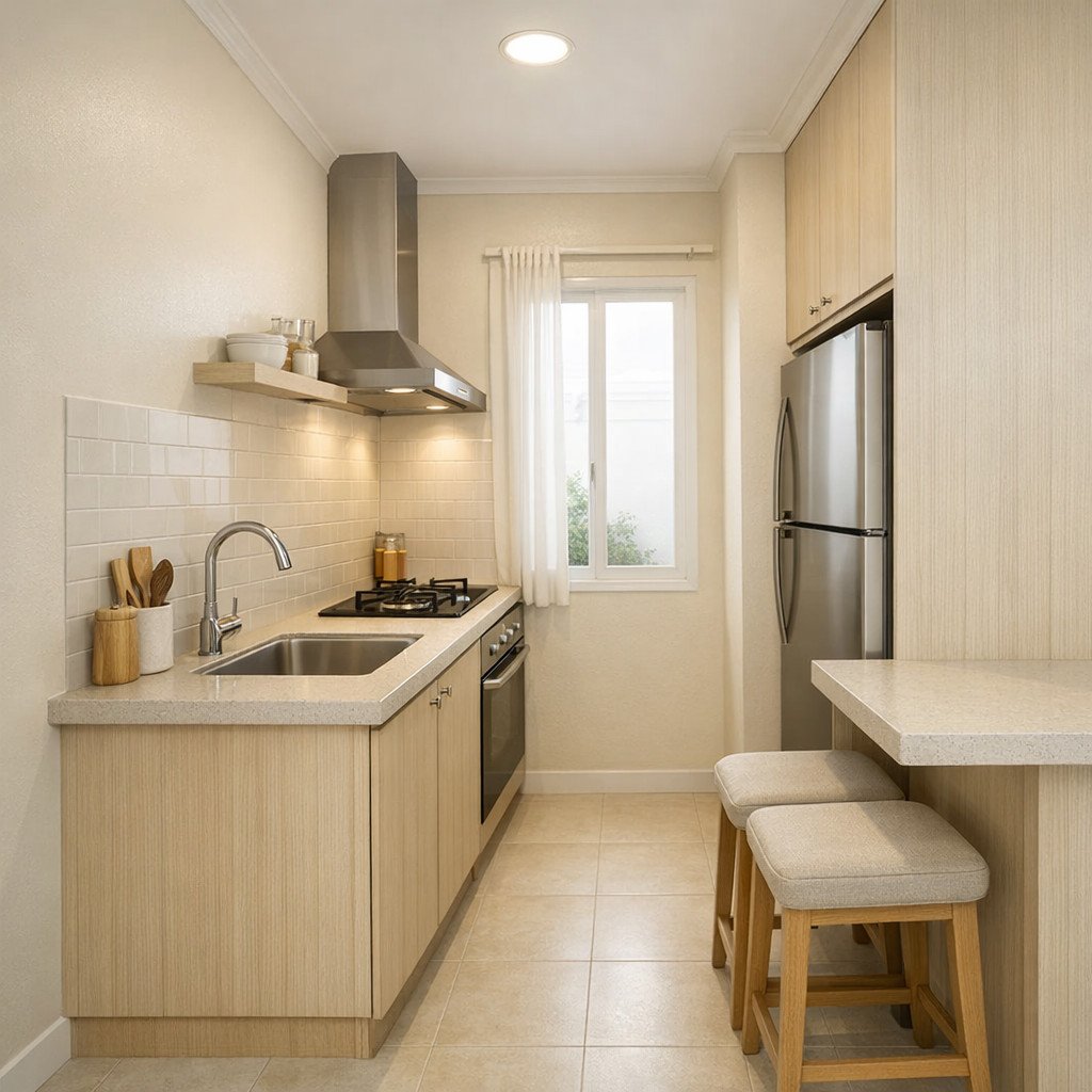 Dapur sempit warna cream yang terasa hangat dan lebih terang