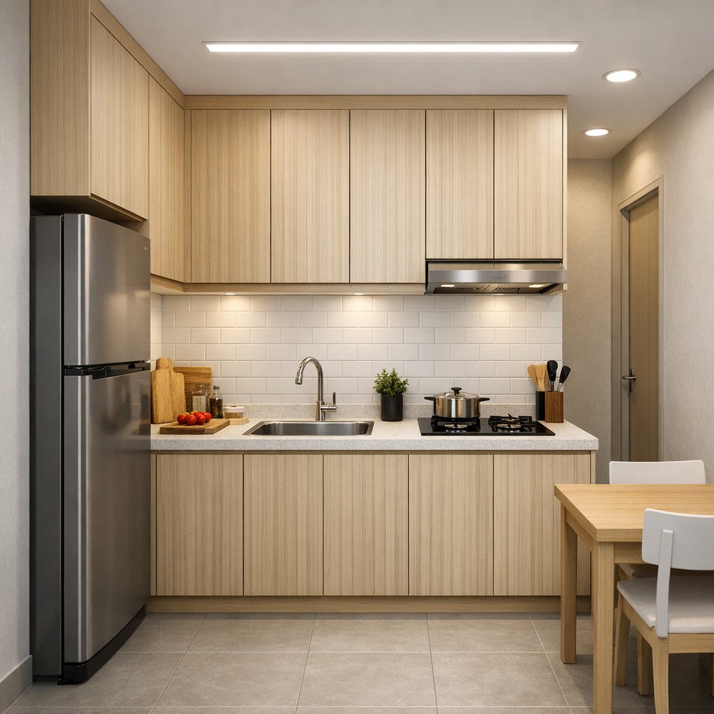 Dapur single line rapi yang efisien untuk ruang sempit