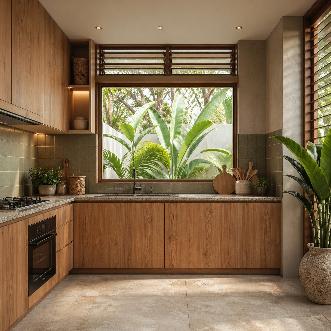 Dapur tropical minimal dengan dominasi material kayu dan sentuhan warna alami ini menghadirkan suasana sejuk, terang, dan hidup—cocok untuk hunian di iklim panas agar tetap nyaman setiap hari