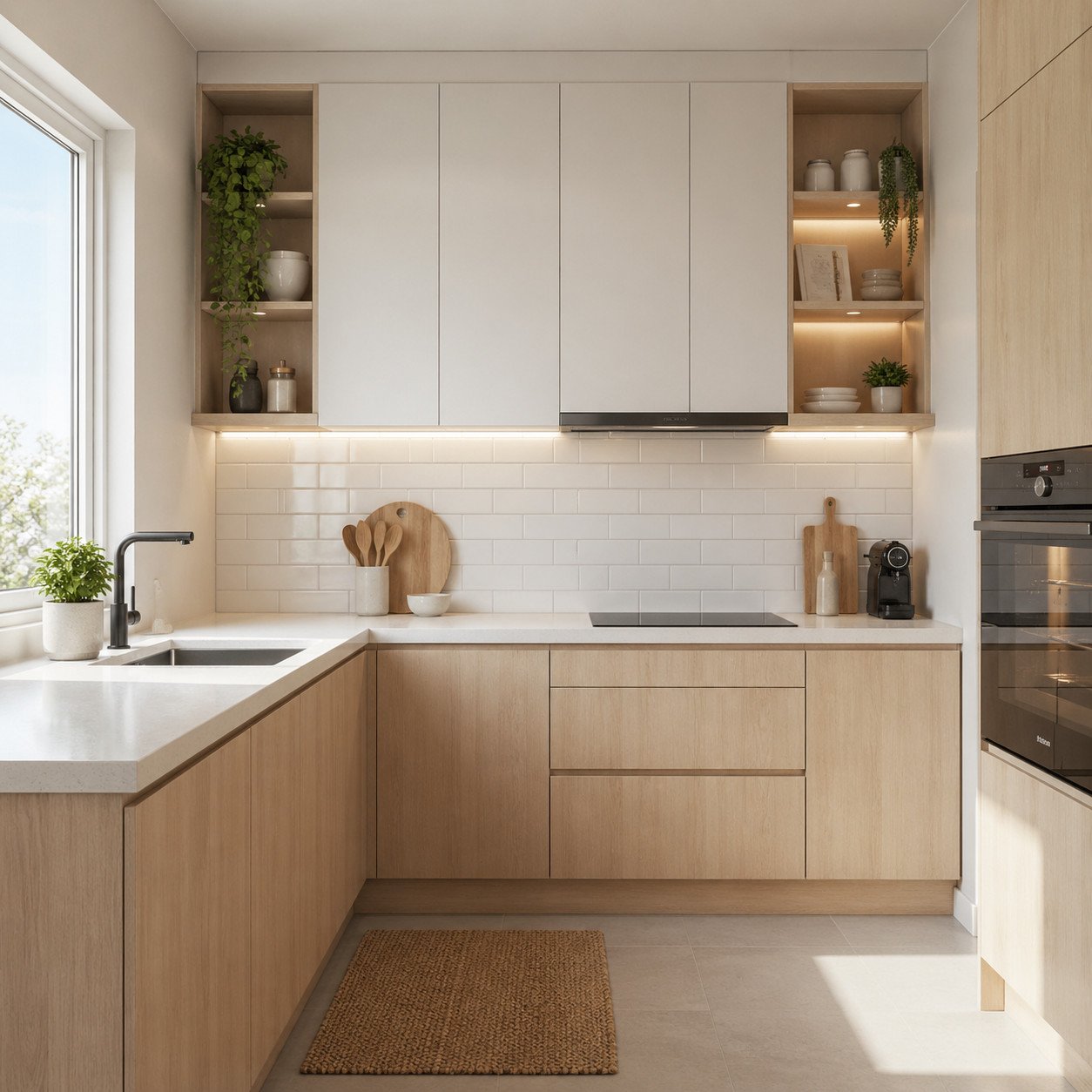 Deko dapur minimalis gaya Scandinavian ini mengutamakan kesederhanaan, pencahayaan maksimal, dan sentuhan kayu alami untuk menciptakan ruang yang terasa bersih, hangat, dan tetap nyaman digunakan setiap hari