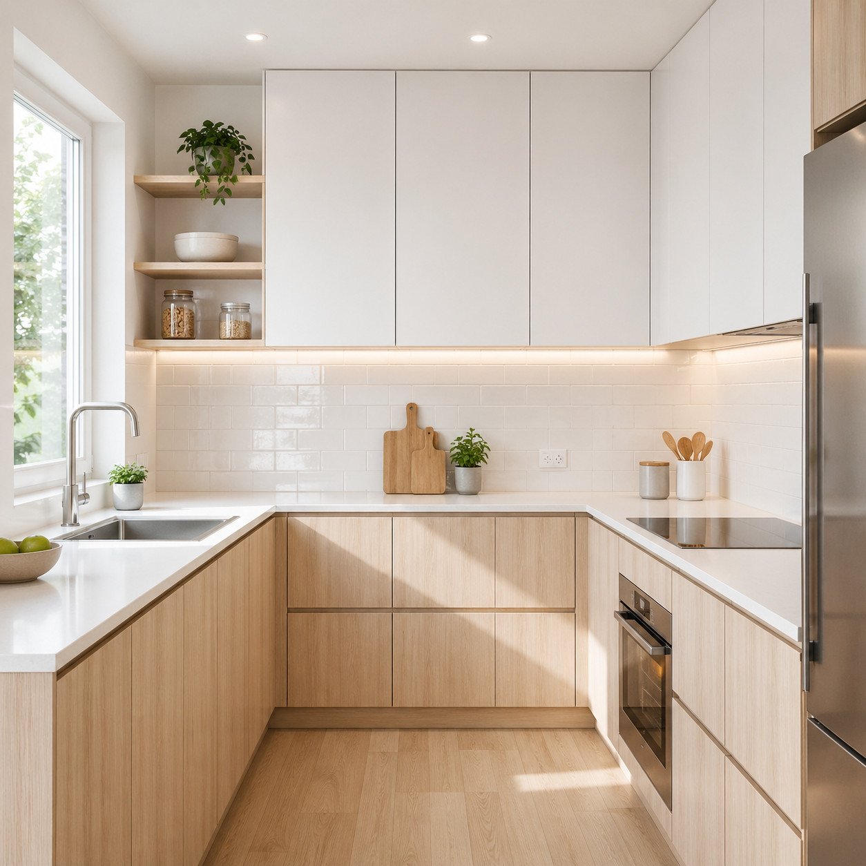 Desain dapur minimalis Scandinavian ini mengutamakan cahaya dan warna terang untuk menciptakan kesan lega, ringan, dan bersih—cocok untuk dapur kecil yang tetap ingin terasa nyaman dan estetik