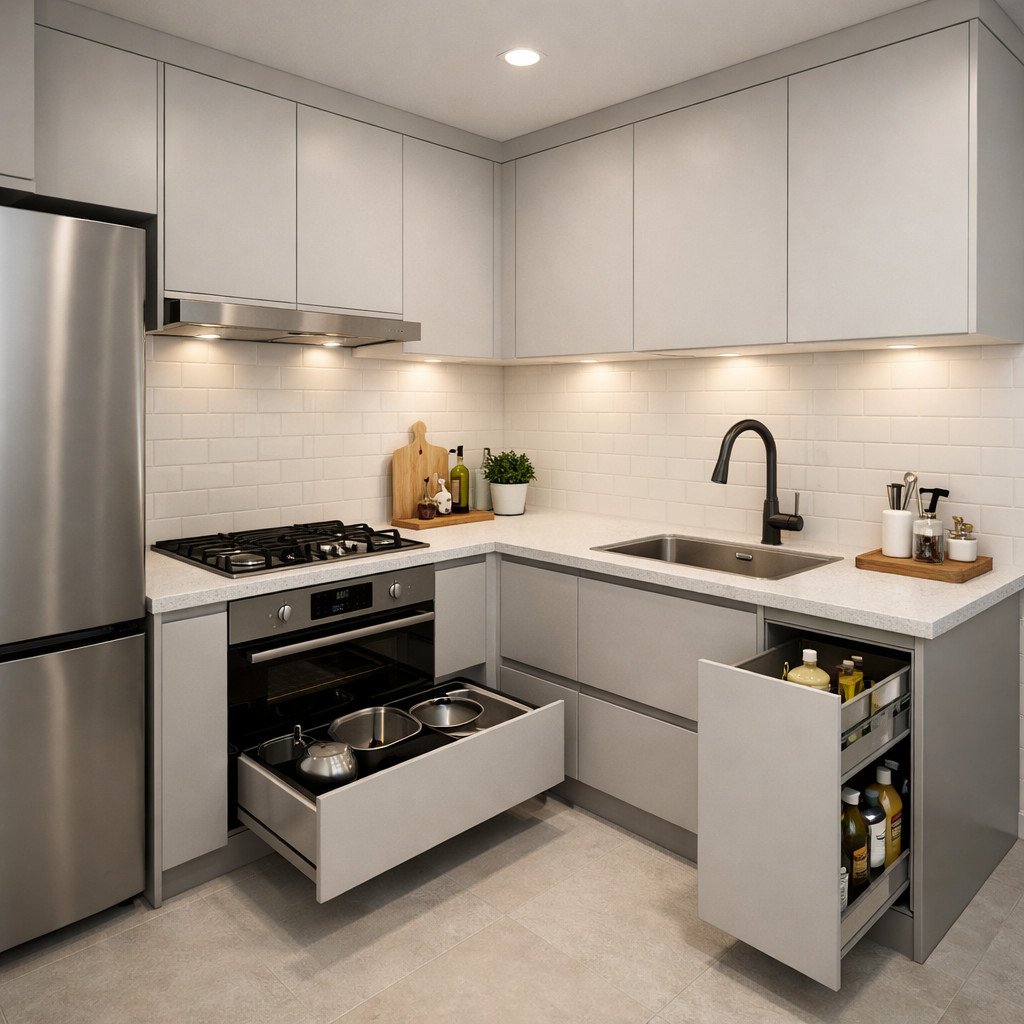 Desain kitchen set minimalis L-shape untuk ruang kecil yang efektif dan nyaman