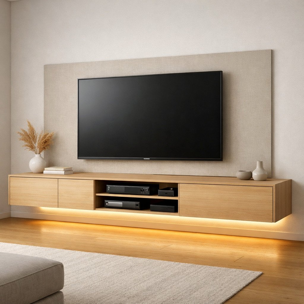 Desain lemari TV floating minimalis yang ringan dan elegan, ideal untuk ruang kecil