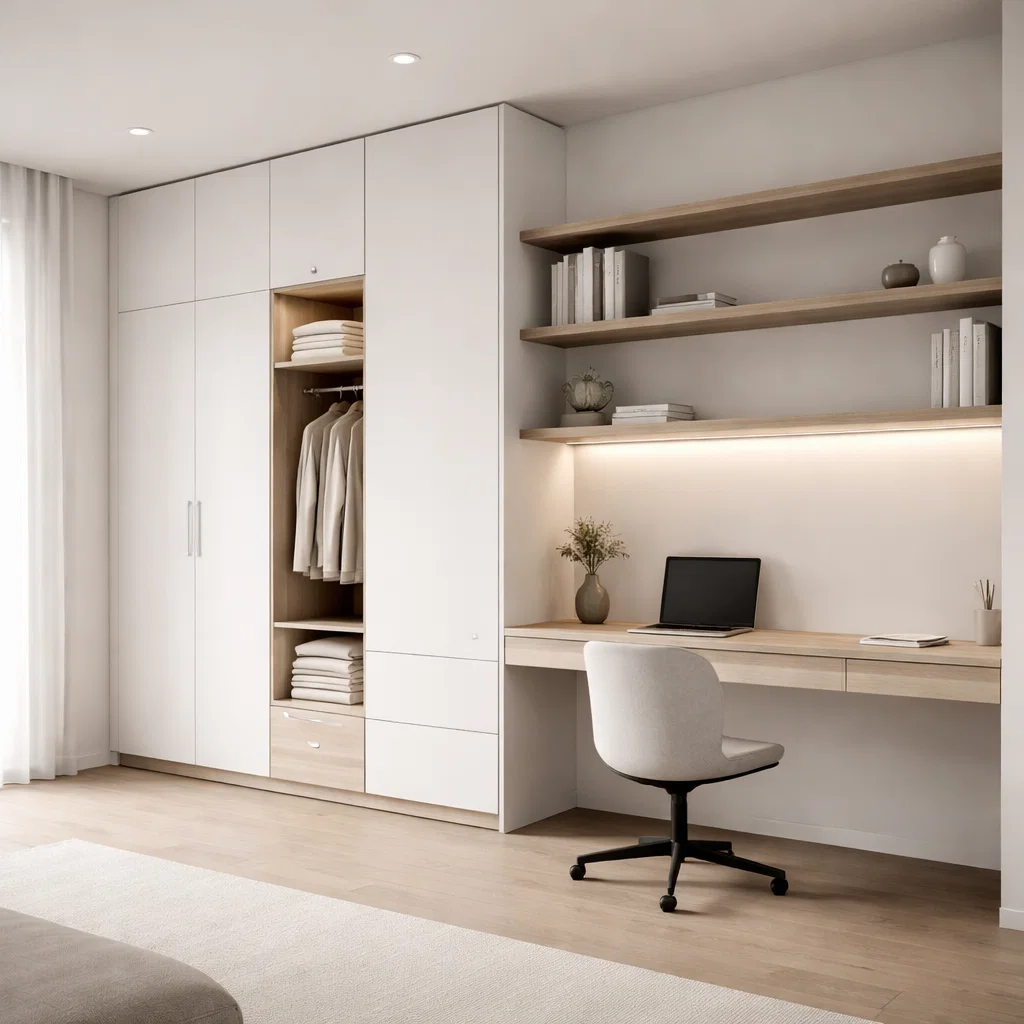 Desain lemari built-in dan meja linear yang menyatu, minimalis modern dan fungsional