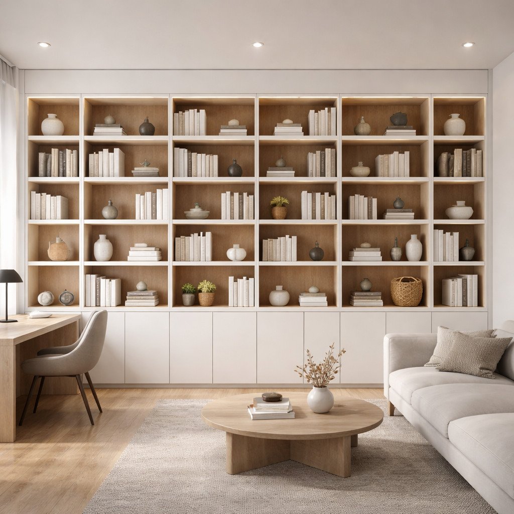 Desain lemari buku built-in modern yang menyatu dengan arsitektur ruang