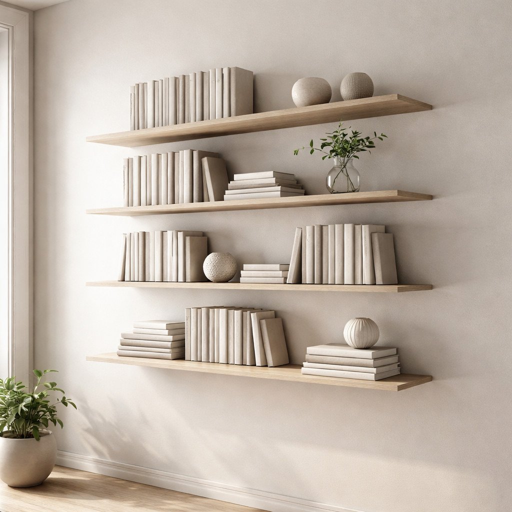 Desain lemari buku minimalis modern dengan rak melayang yang ringan dan bersih