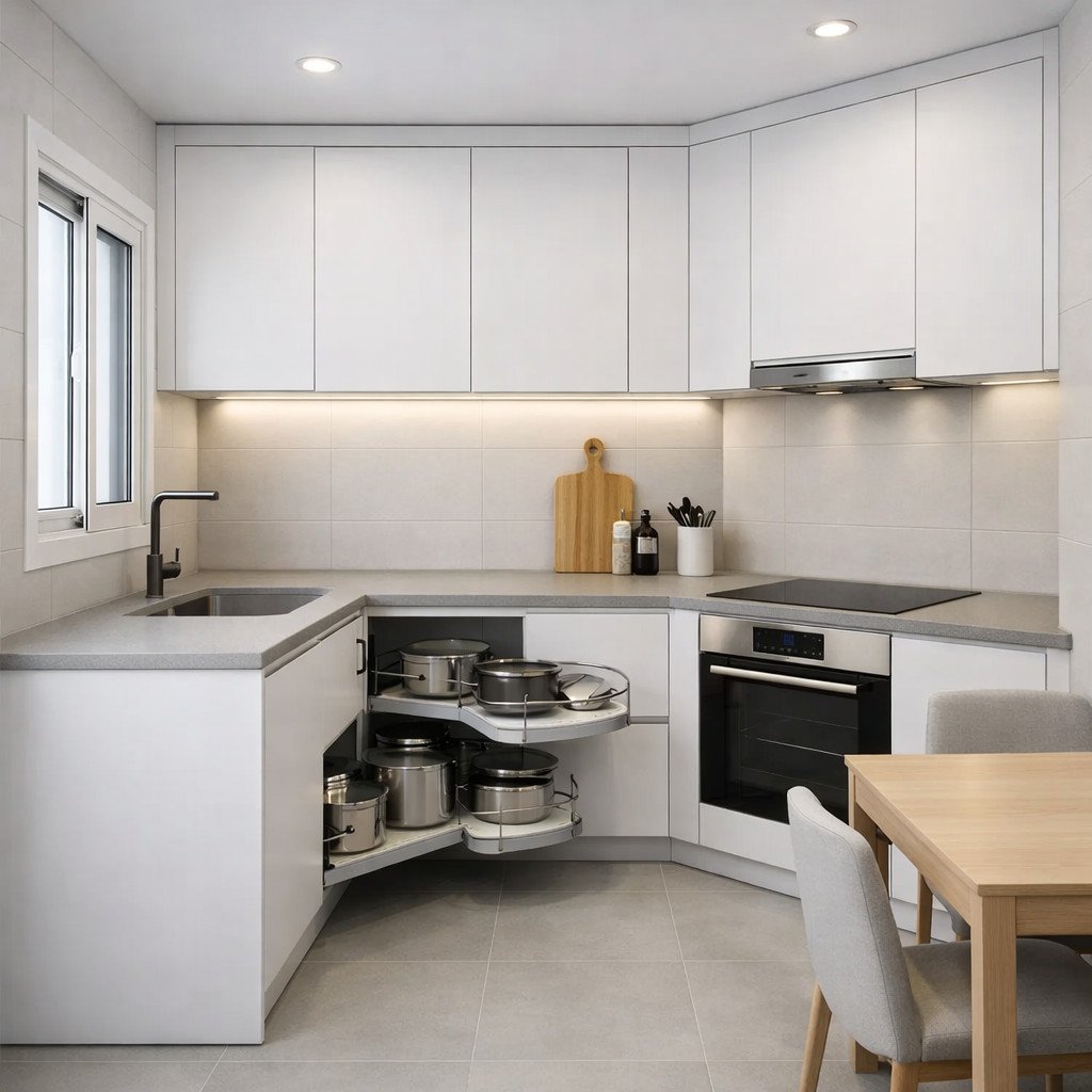 Desain lemari dapur minimalis L-shape yang memaksimalkan sudut ruangan