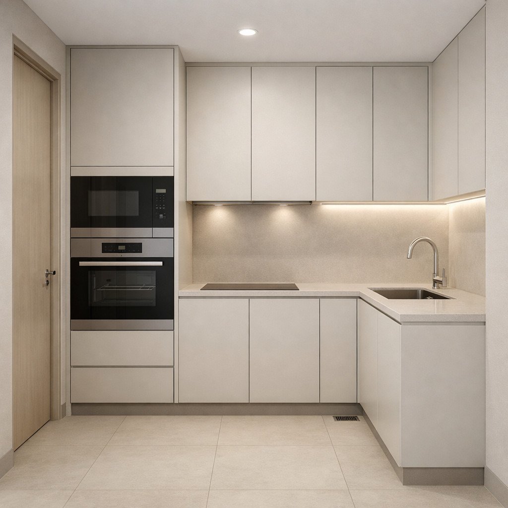 Desain lemari dapur minimalis dengan penyimpanan tersembunyi, rapi dan modern