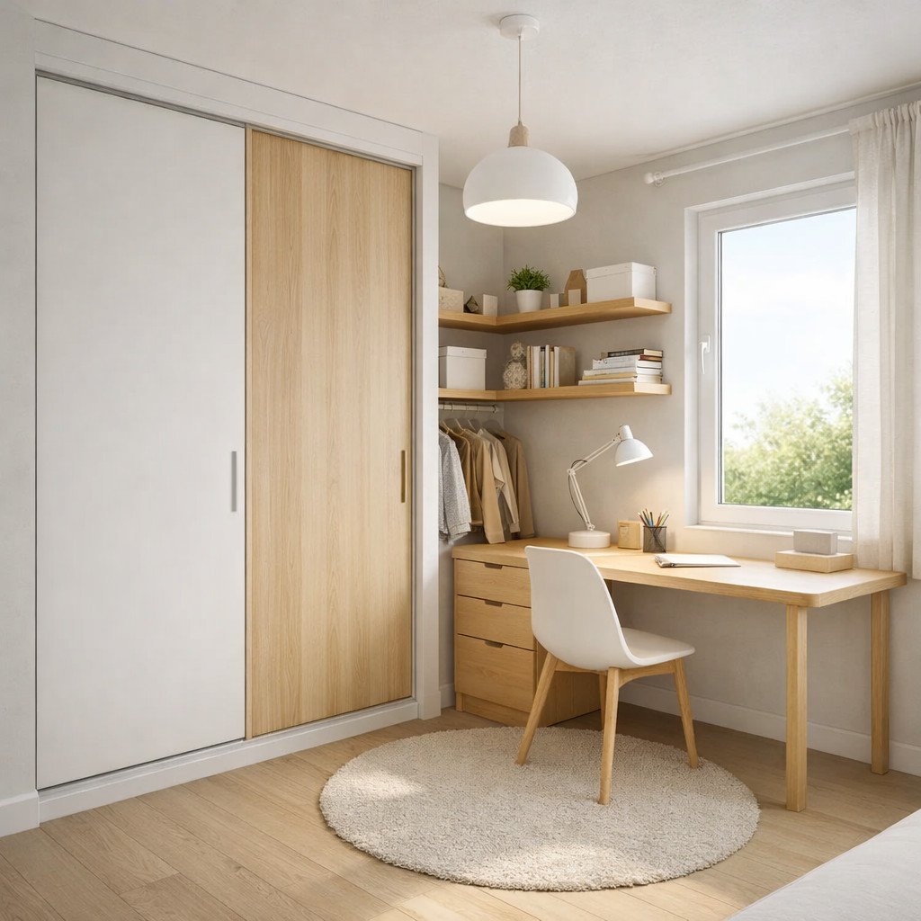 Desain lemari pakaian dan meja belajar bergaya Scandinavian yang terang dan ringan