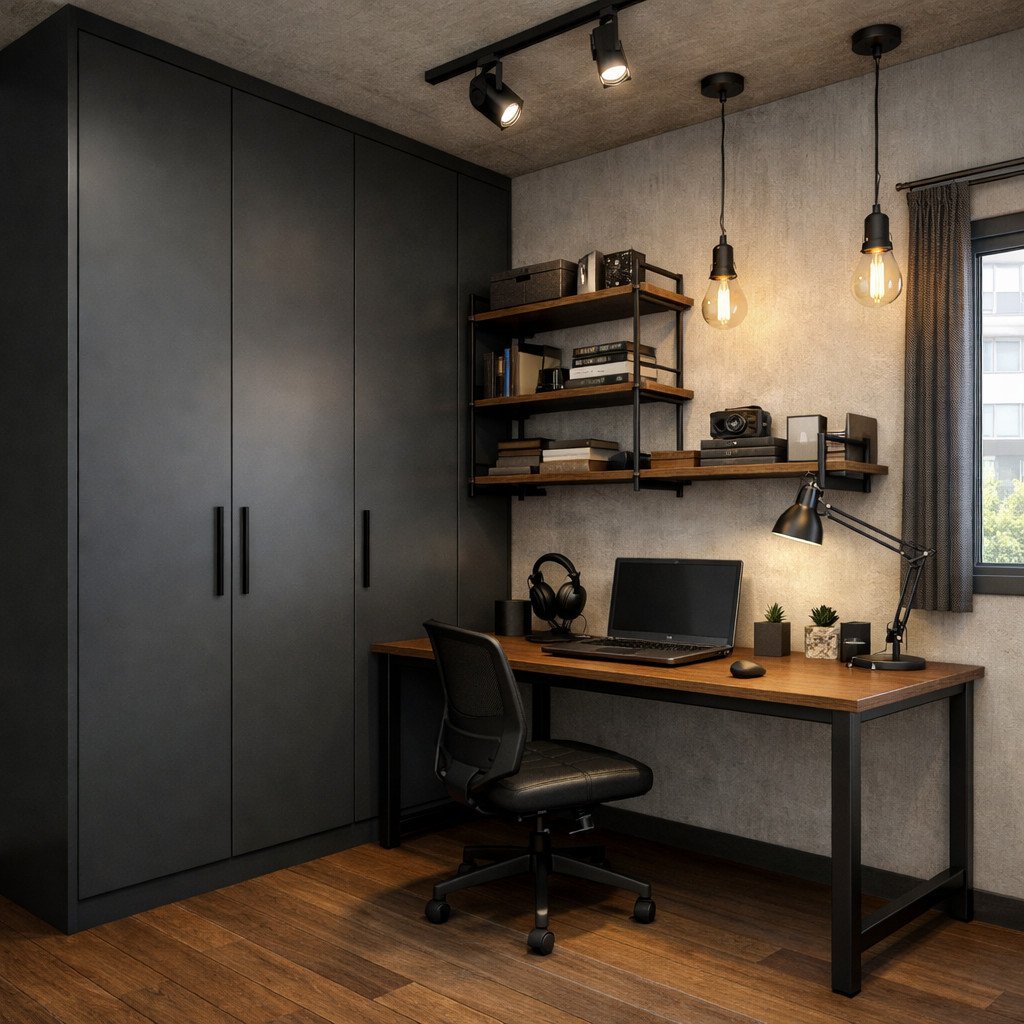 Desain lemari pakaian dan meja belajar industrial yang maskulin dan fungsional