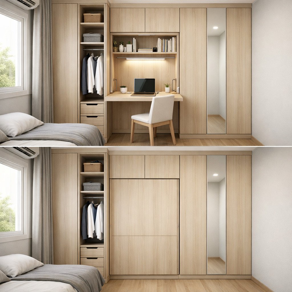 Desain lemari pakaian dan meja lipat multifungsi untuk kamar super kecil