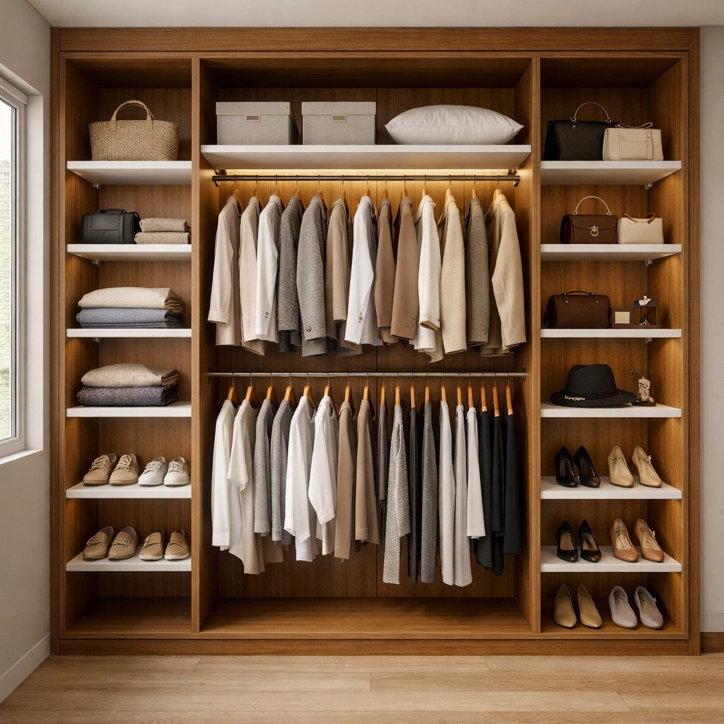 Desain lemari pakaian gantung dengan rak samping yang efisien dan fleksibel
