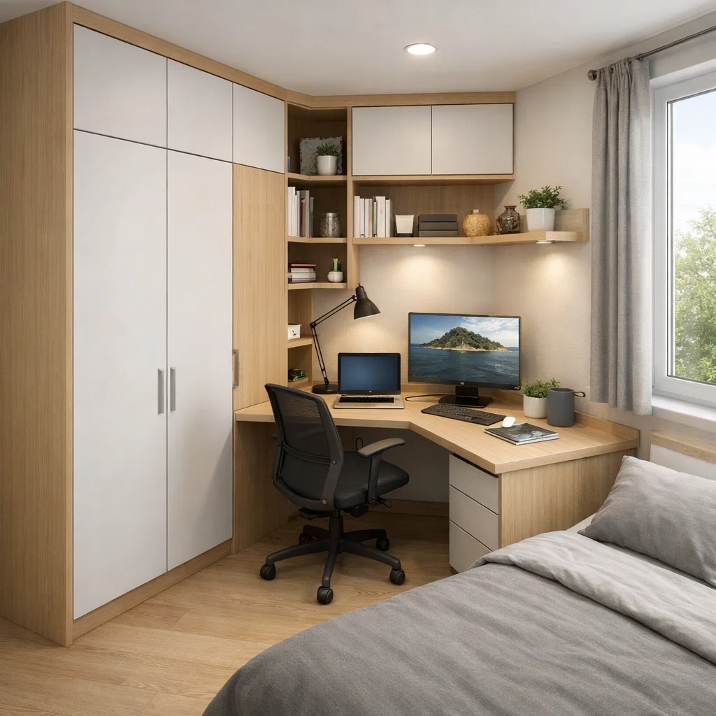 Desain lemari sudut dan meja L-shape untuk ruang belajar multifungsi yang efisien