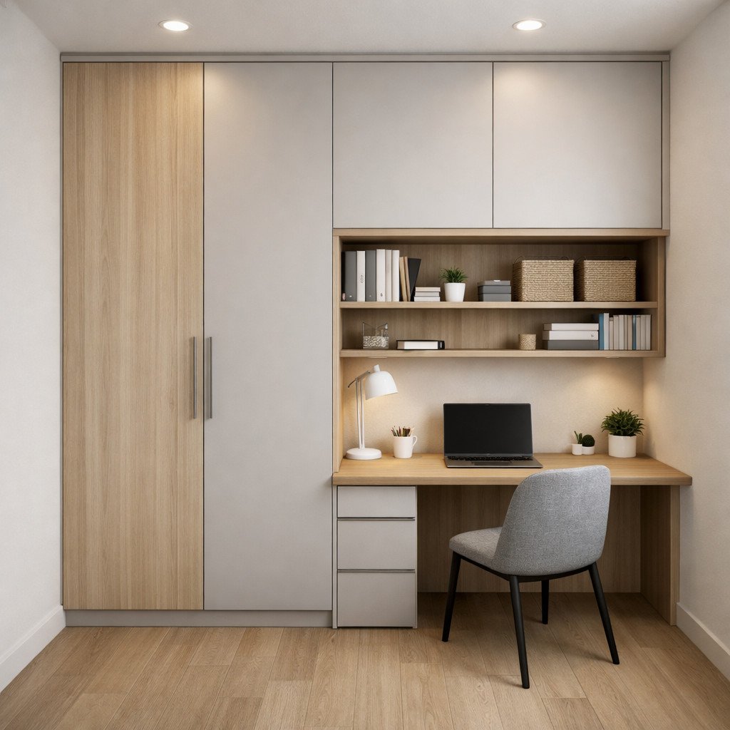 Desain lemari tempel di dinding dengan meja kerja terintegrasi yang efisien