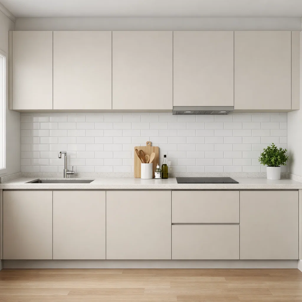 Desain meja dapur minimalis single line ini menghadirkan solusi paling simpel dan efisien untuk ruang terbatas—tampilan rapi, biaya lebih hemat, dan tetap nyaman digunakan untuk aktivitas sehari-hari