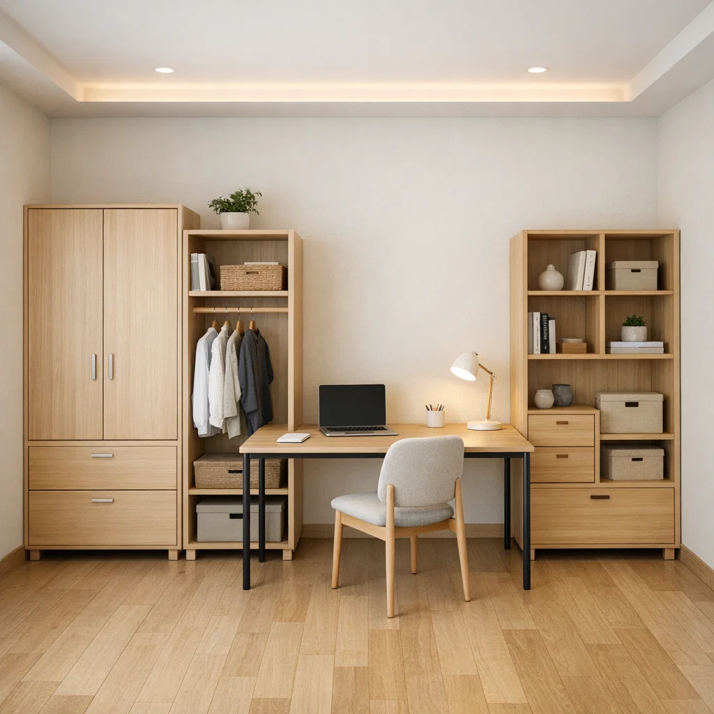 Desain modular lemari dan meja belajar multifungsi yang fleksibel dan modern