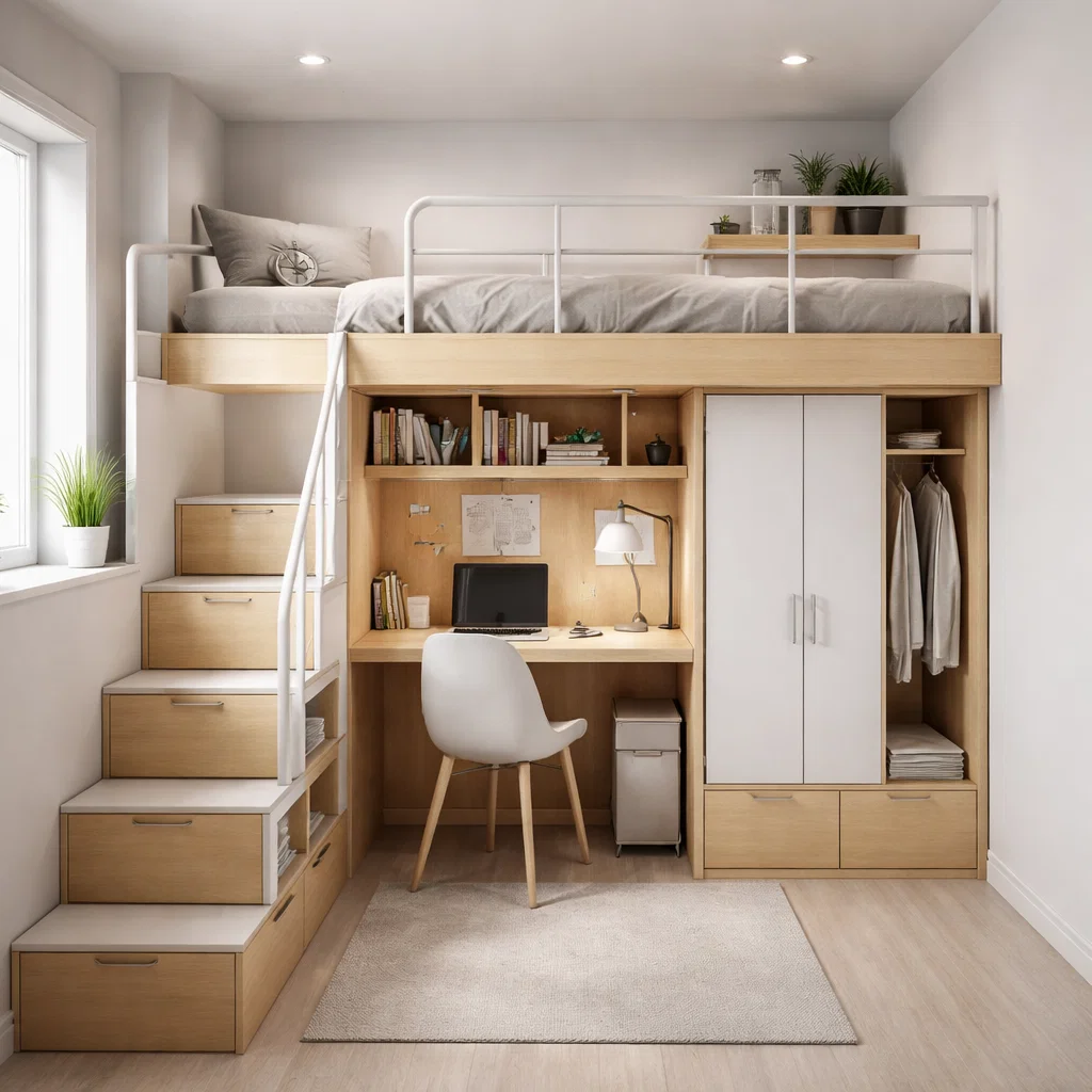 Desain multifungsi loft dengan meja belajar dan lemari terintegrasi untuk ruang terbata