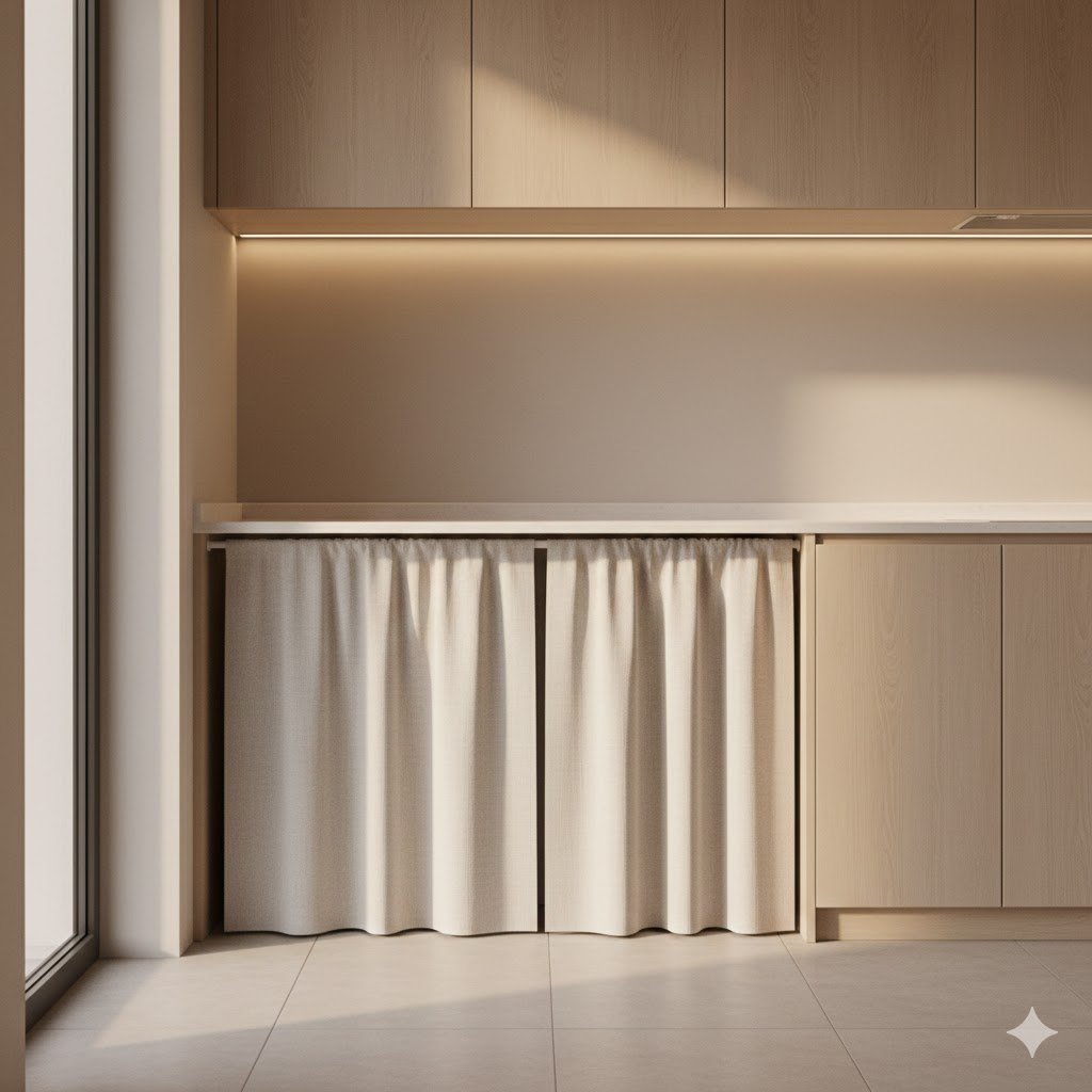 Detail dapur minimalis dengan kolong meja tertutup gorden kain bertekstur lembut yang menyatu dengan kabinet atas bernuansa kayu terang dan countertop putih bersih