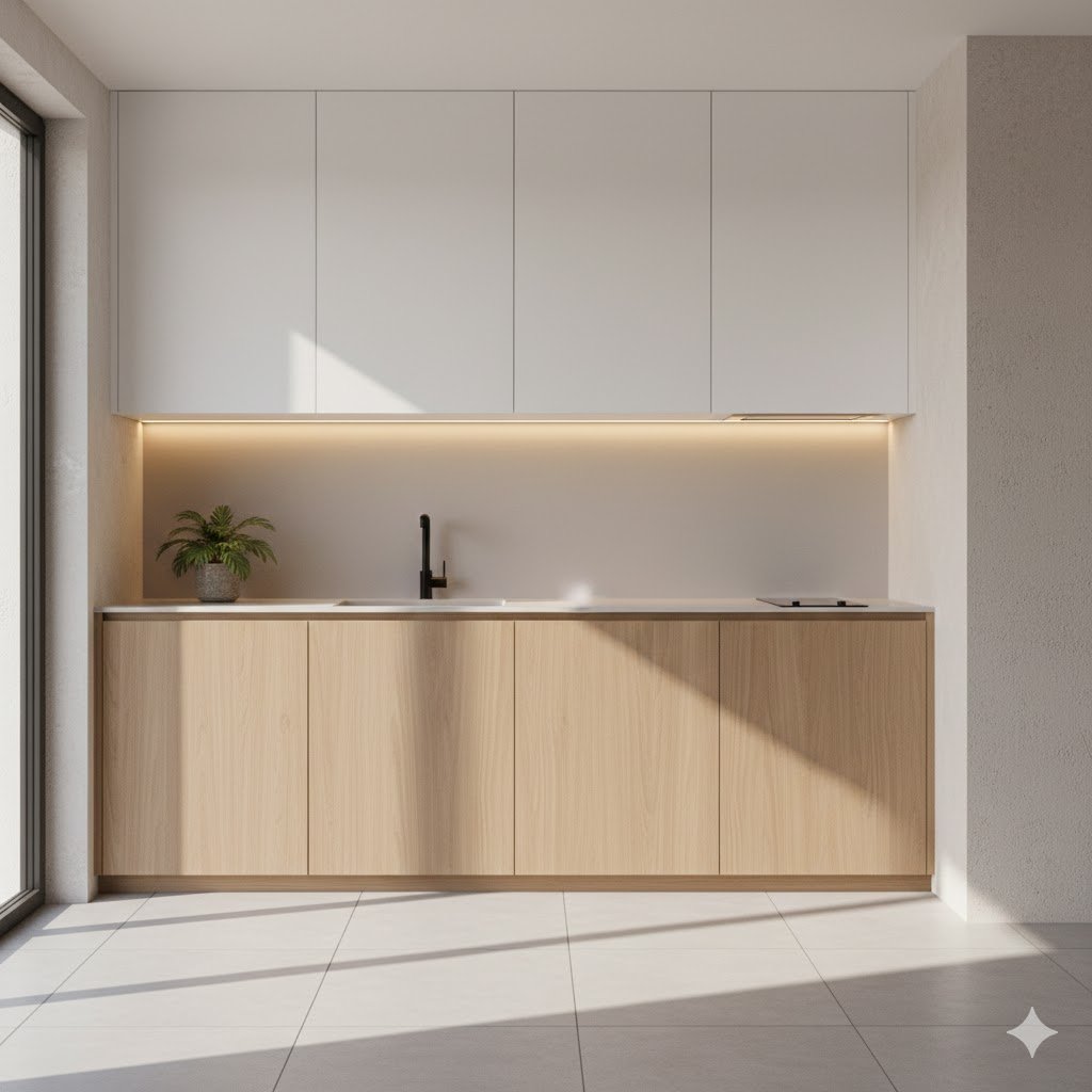 Detail dinding dapur minimalis dengan backsplash modern yang rapi dan pencahayaan hangat sehingga terlihat bersih dan elegan