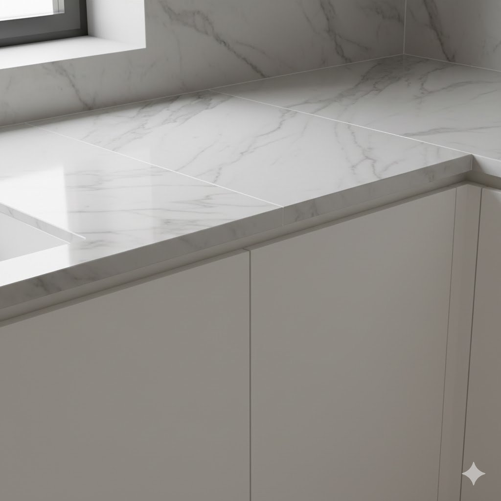 Detail meja dapur minimalis dengan keramik motif marble putih yang terlihat rapi dan elegan dalam pencahayaan alami lembut