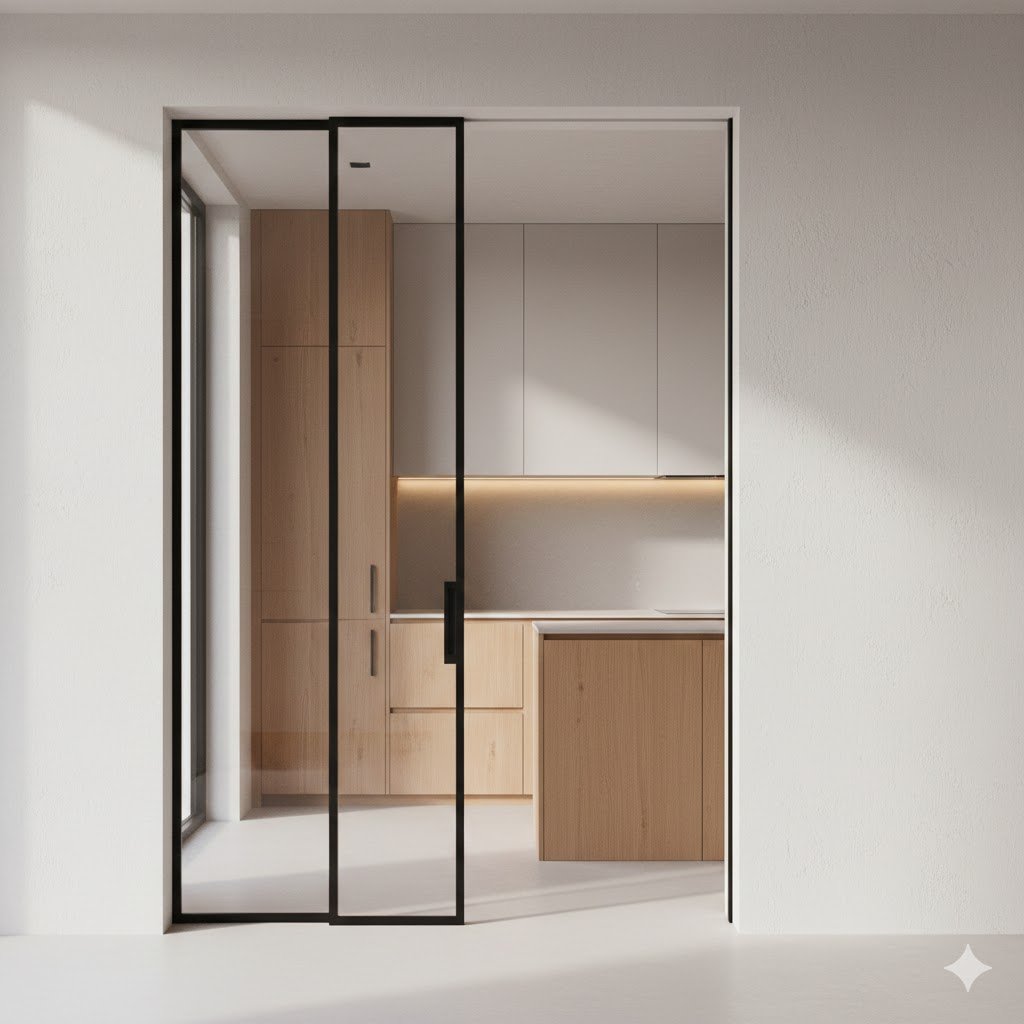 Detail pintu dapur minimalis kaca geser dengan frame tipis hitam yang menyatu elegan dengan dapur modern berwarna terang