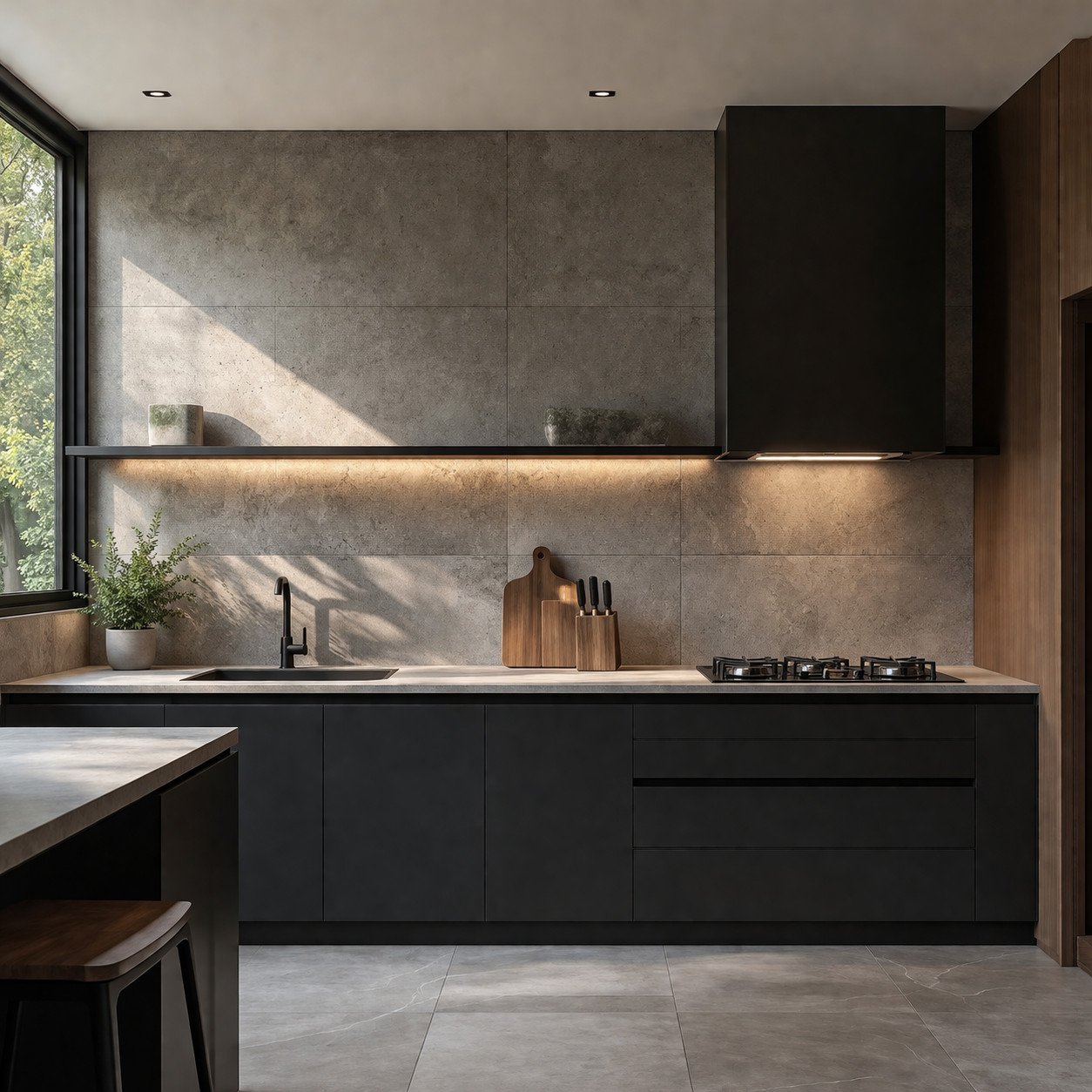 Dinding dapur dengan motif concrete atau batu alam memberikan karakter kuat tanpa menghilangkan kesan minimalis—tampil modern, maskulin, dan tetap mudah dirawat untuk penggunaan sehari-hari