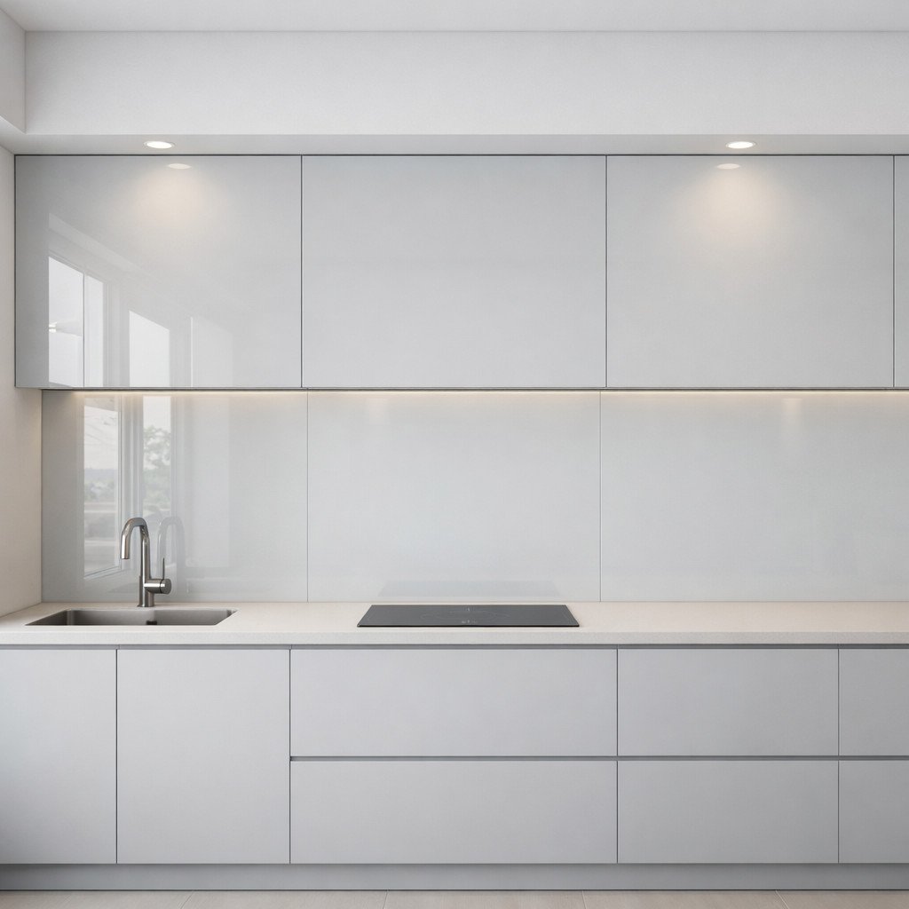 Dinding dapur dengan panel kaca backpaint menghadirkan tampilan super clean tanpa nat, mudah dibersihkan dari minyak, dan memberikan kesan modern elegan yang seamless