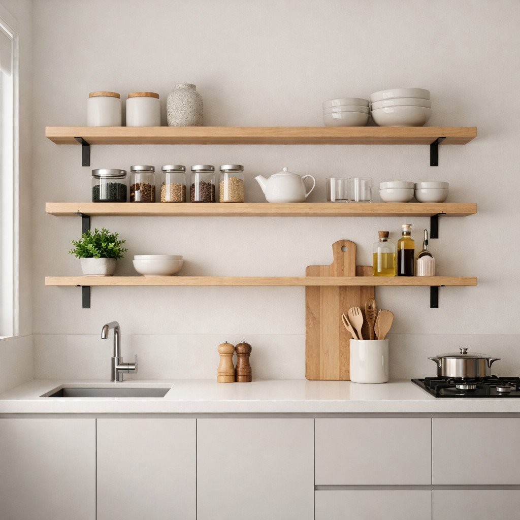 Dinding dapur dengan rak terbuka memberikan solusi hemat sekaligus estetis, menciptakan tampilan yang lebih ringan, fungsional, dan terasa hangat tanpa perlu kabinet atas yang penuh