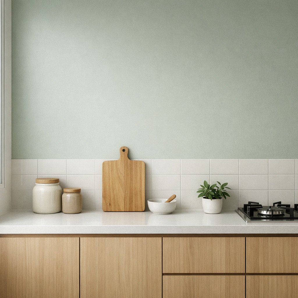 Dinding dapur dengan warna soft tone seperti sage green atau beige memberikan nuansa hangat dan lebih personal, tetap minimalis tanpa terlihat monoton serta cocok untuk budget yang lebih hemat