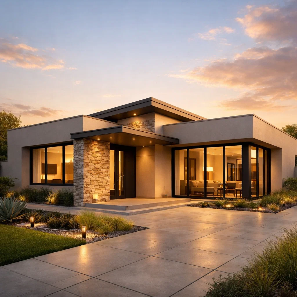 Fasad rumah 1 lantai minimalis modern elegan dengan komposisi geometris bersih dan pencahayaan hangat yang memperkuat kesan refined serta proporsional