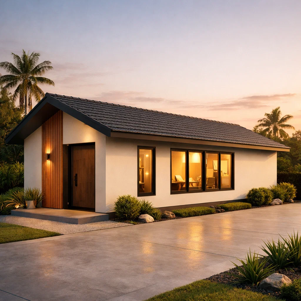 Fasad rumah 6x9 memanjang dengan komposisi horizontal yang proporsional, aksen kayu hangat, dan pencahayaan senja yang membuat tampilannya terlihat elegan dan terencana dengan baik