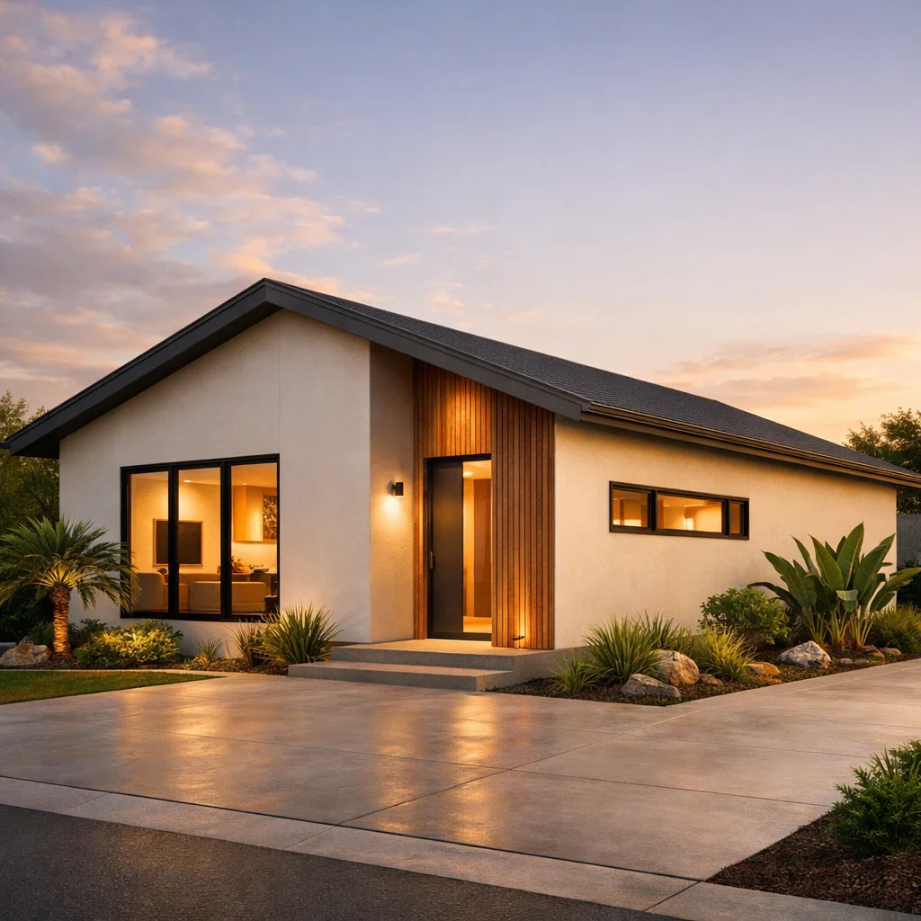 Fasad rumah minimalis modern dengan komposisi bersih, atap miring rapi, dan pencahayaan hangat yang menampilkan karakter simpel namun elegan