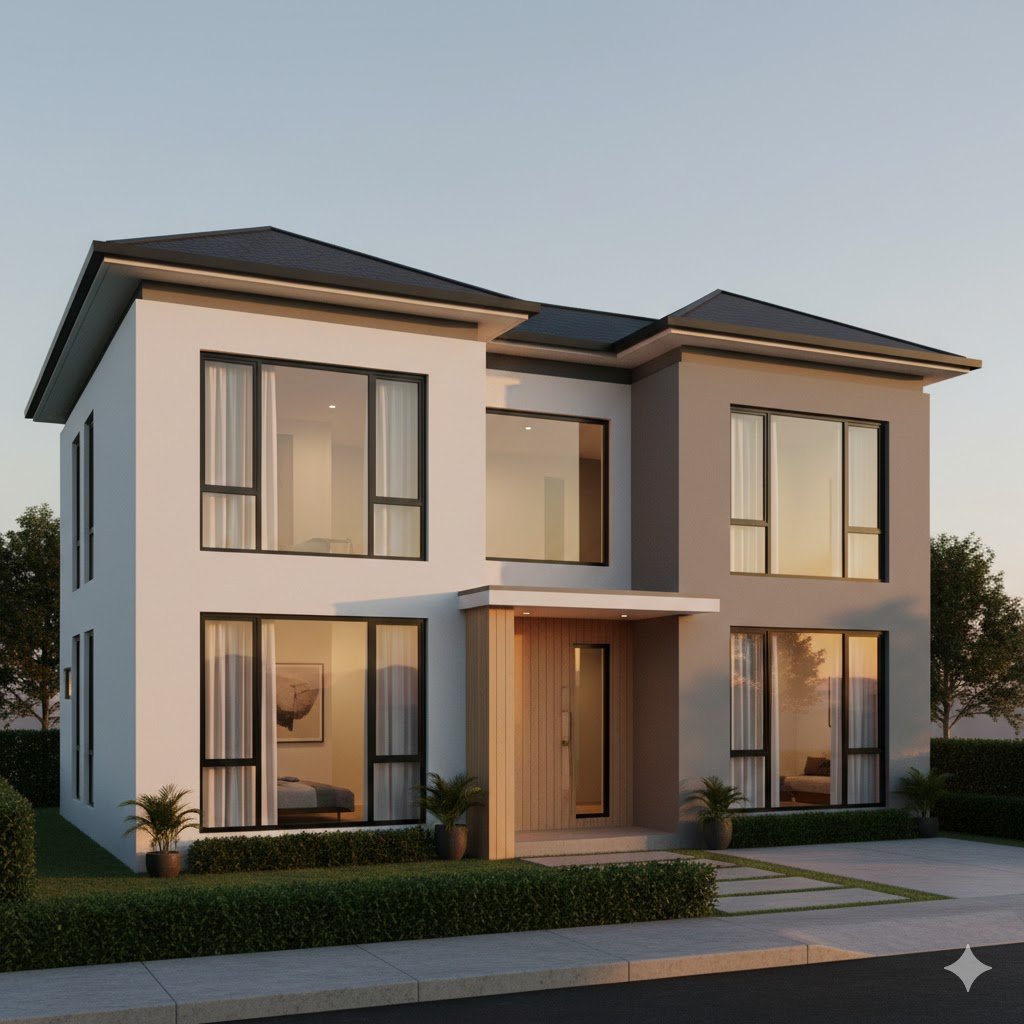 Fasad rumah minimalis modern dengan komposisi geometris bersih dan pencahayaan senja yang menegaskan kesan elegan serta proporsional.