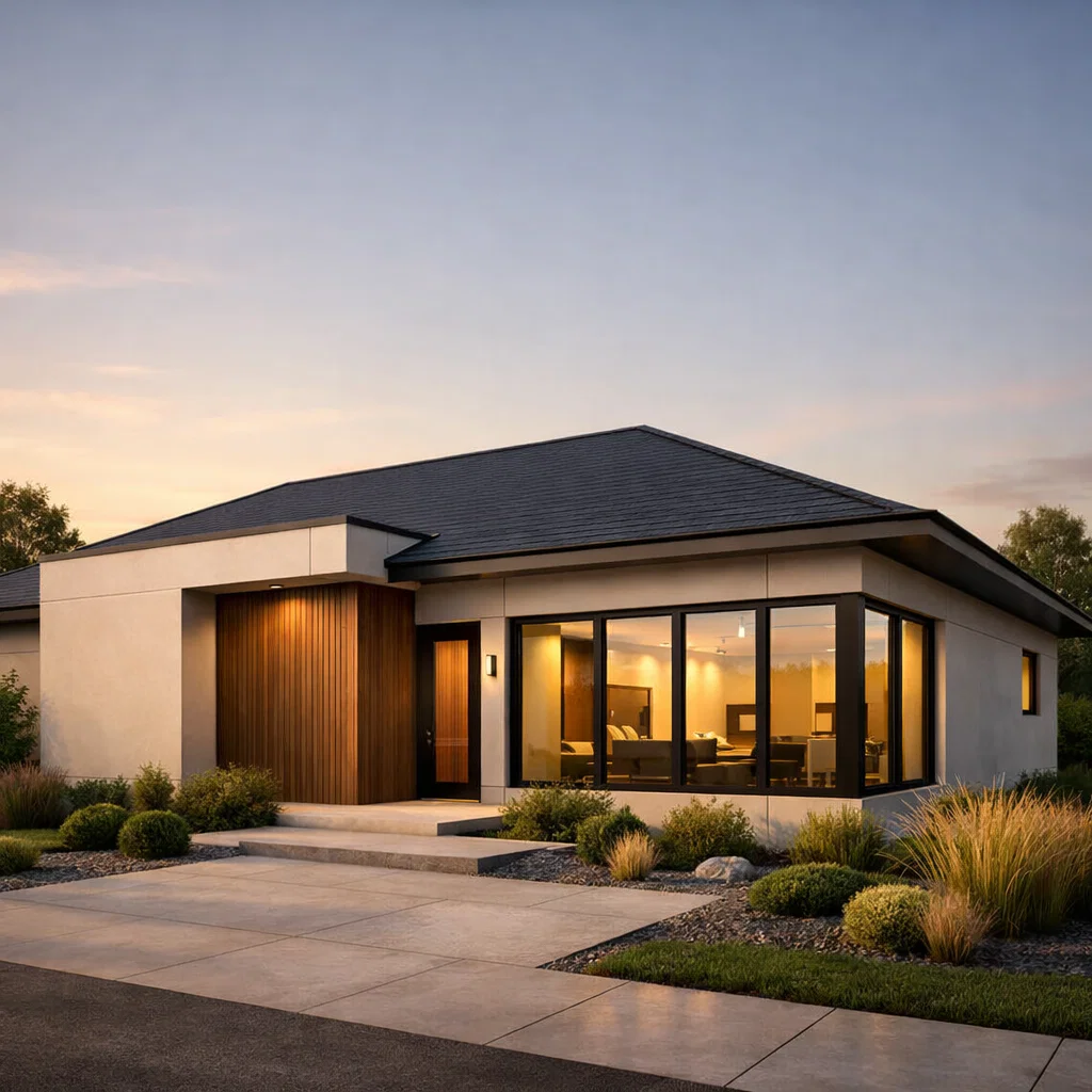 Fasad rumah minimalis modern dengan komposisi proporsional, warna netral lembut, dan pencahayaan hangat yang memberi kesan bersih serta elegan.