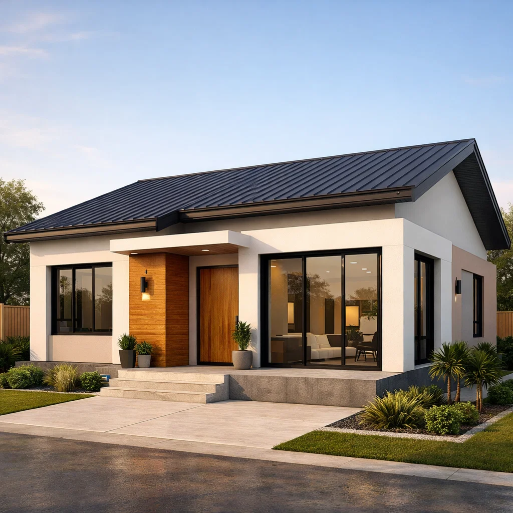 Fasad rumah minimalis ukuran 7x9 dengan tiga kamar, proporsi seimbang, atap miring modern, dan tampilan bersih yang terlihat rapi serta nyaman untuk keluarga kecil