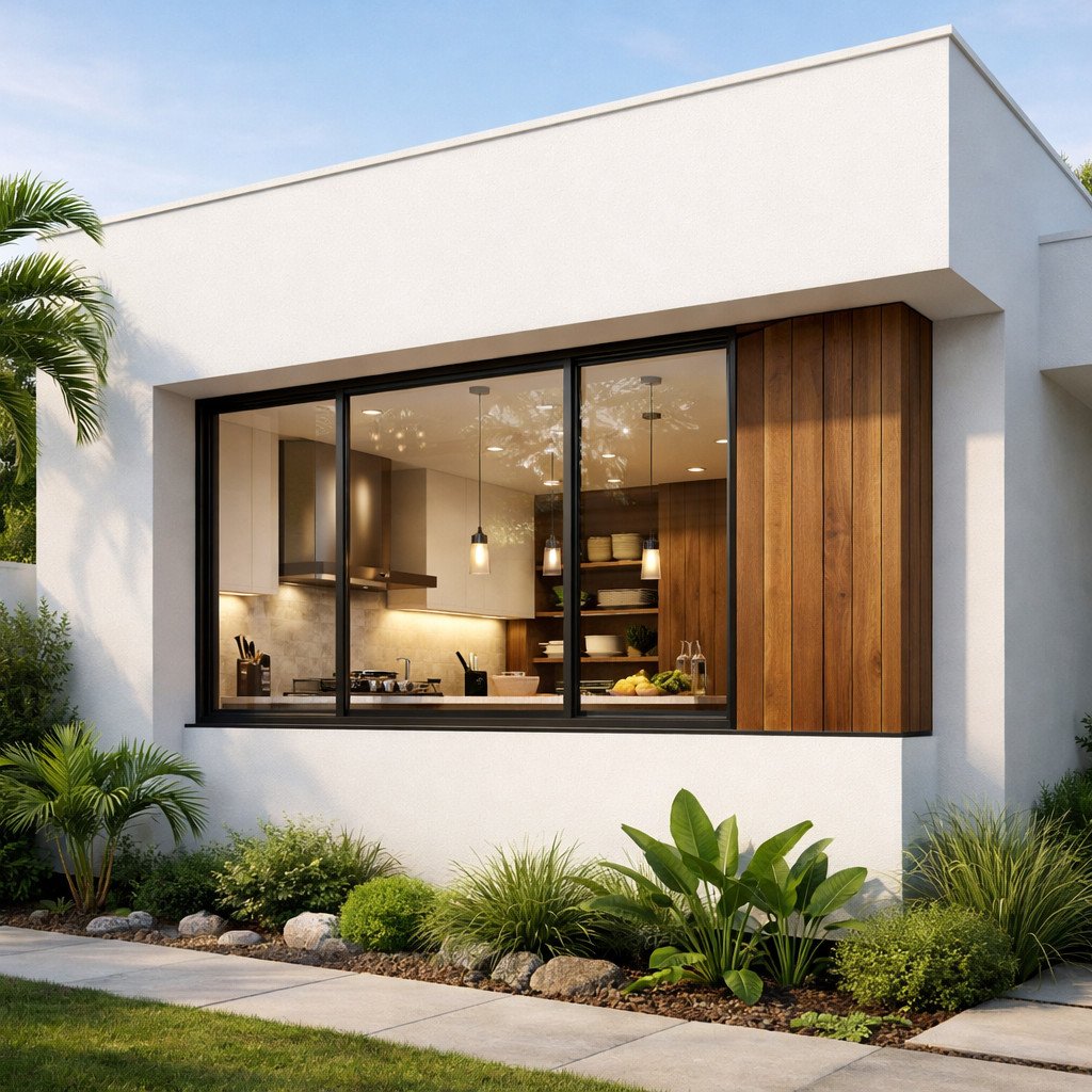 Fasad rumah modern dengan jendela dapur besar yang memberi gambaran hunian dengan dapur rapi dan terencana menggunakan kitchen set aluminium