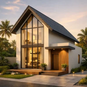 Fasad rumah modern dengan konsep mezzanine terlihat dari proporsi atap tinggi dan jendela vertikal yang memberi kesan ruang dua tingkat yang dinamis dan elegan