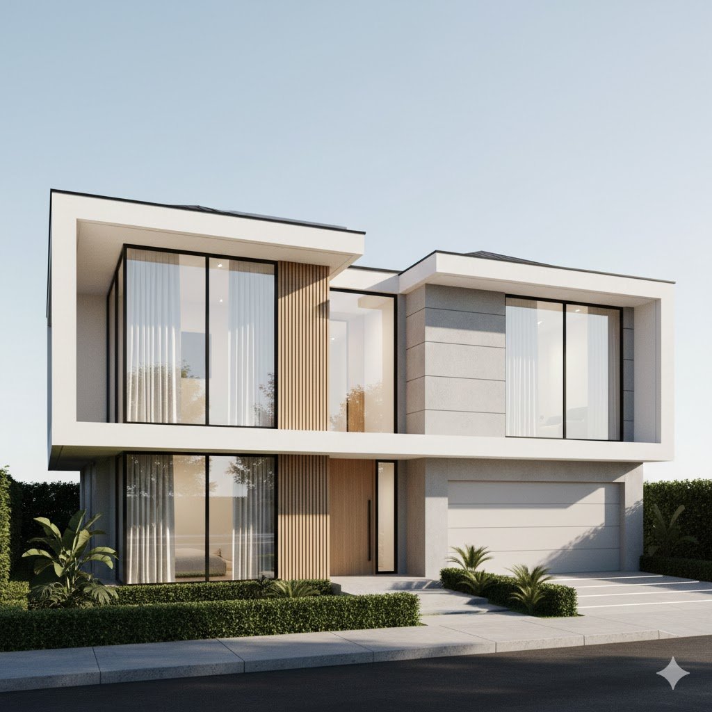 Fasad rumah modern minimalis yang merepresentasikan eksplorasi desain berbasis teknologi dengan komposisi bersih dan proporsional.